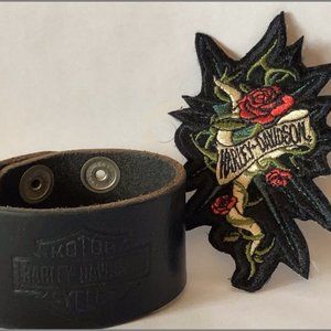 Harley Davidson Leather Wrist Cuff with Rose Patch